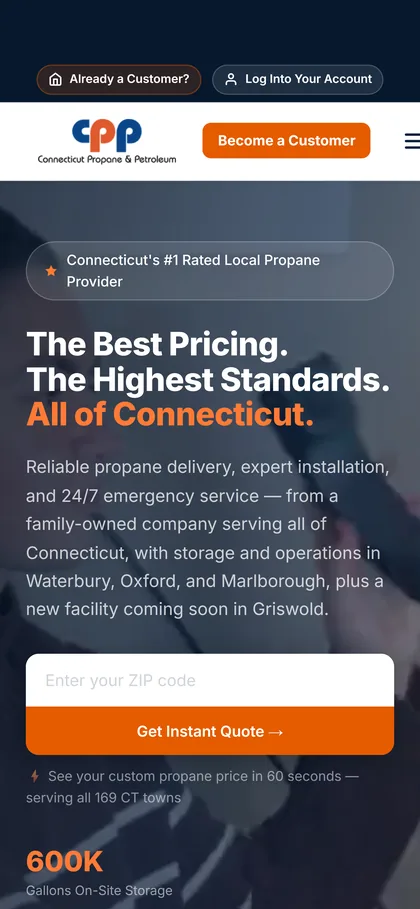 Connecticut Propane homepage on a phone