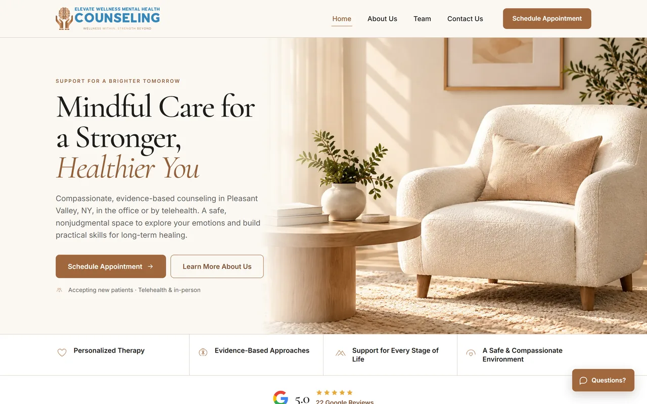 Elevate Wellness Counseling homepage on a laptop