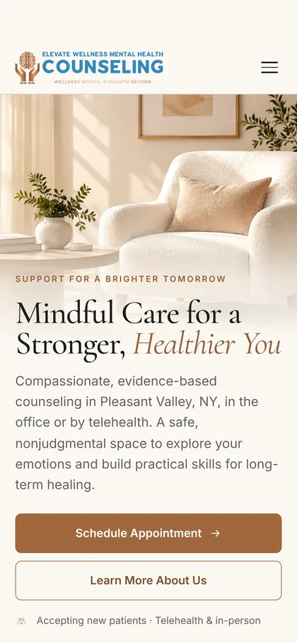 Elevate Wellness Counseling homepage on a phone