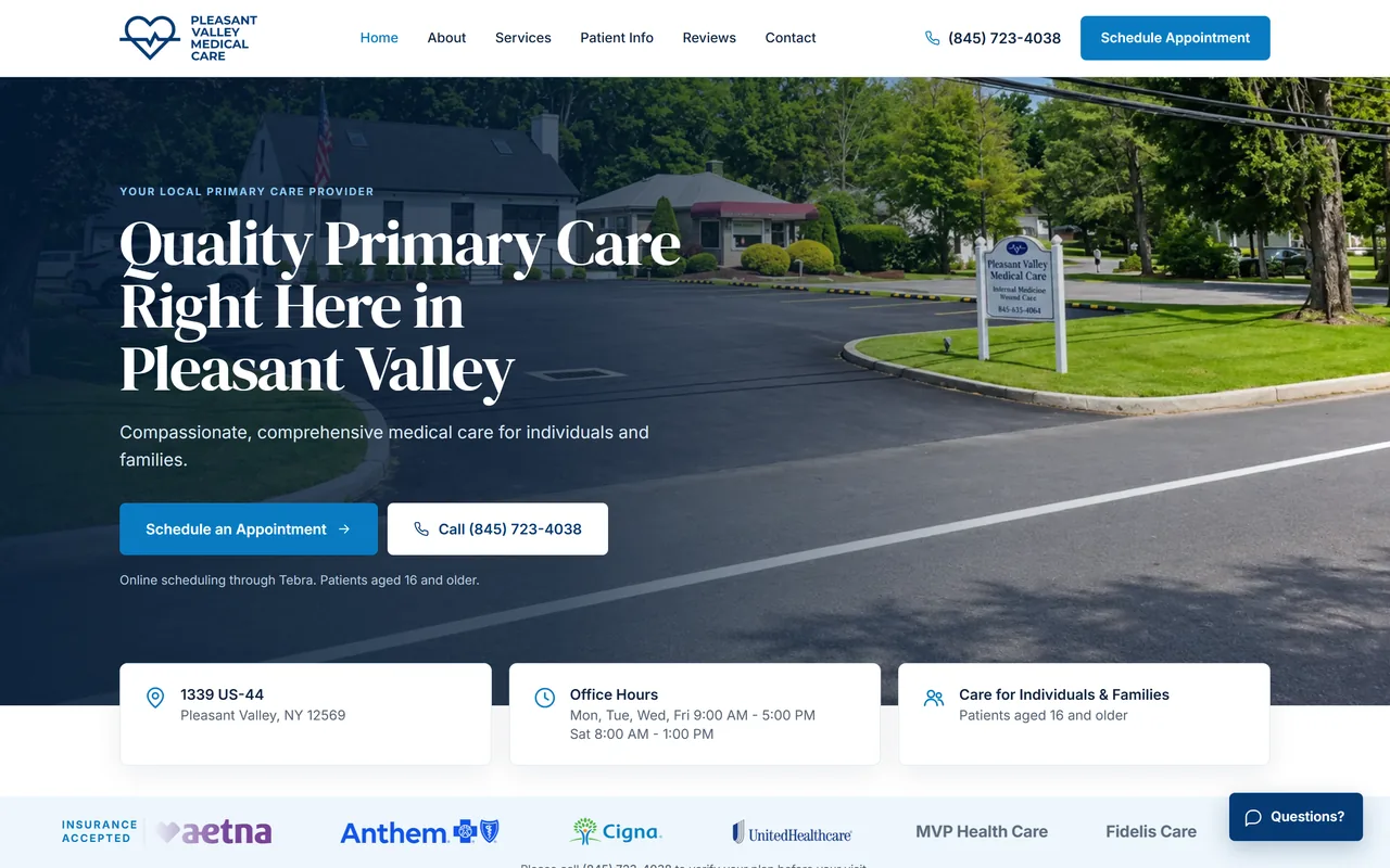 Pleasant Valley Medical Care homepage on a laptop